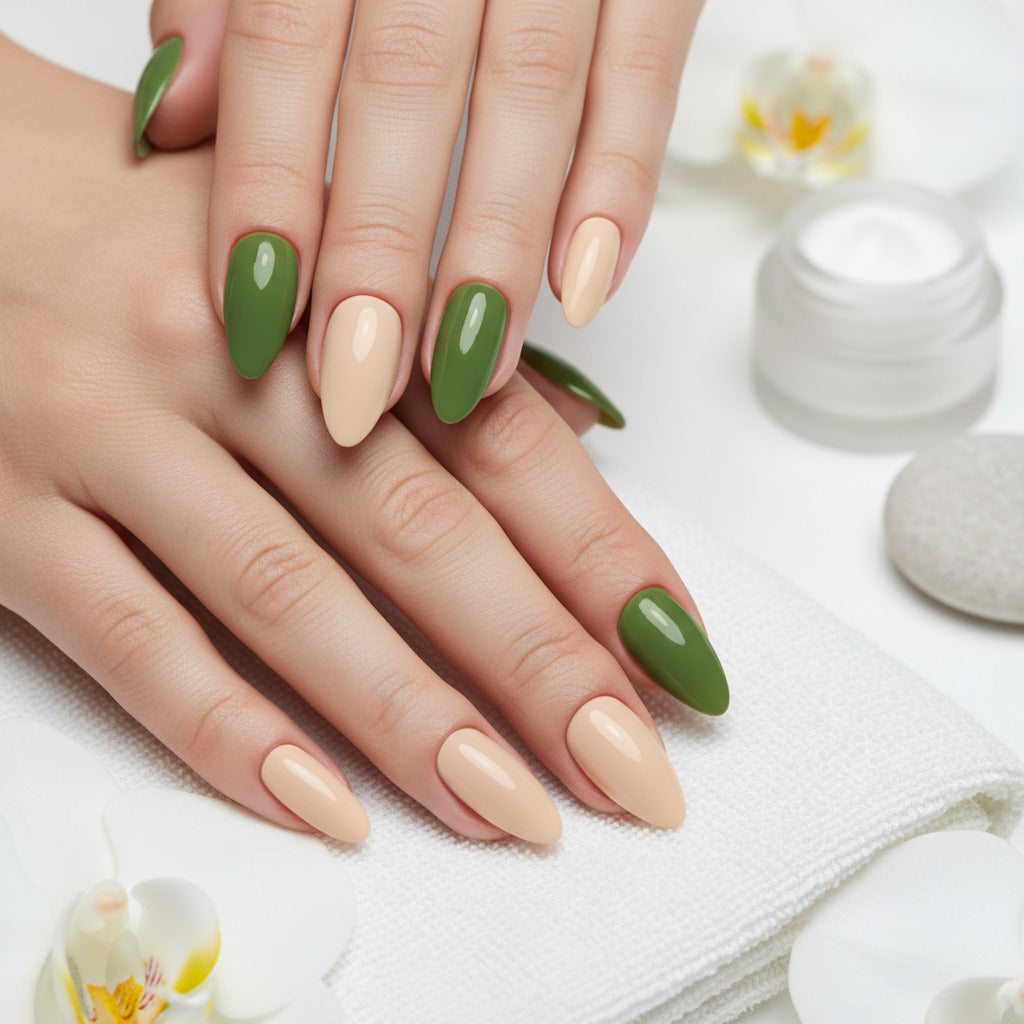 A clean product close-up of the Essentials Press-On Kit Ivy Jade, Cream, and Soft Pearl Bundle by Bloom Gloss Co, showcasing fifteen glossy almond fake nails arranged in rows of ivy jade green, warm cream, and soft pearl white