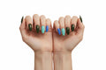 A clean product close-up of the Essentials Press-On Kit New Moon and Mint Sky Bundle by Bloom Gloss Co, showcasing fifteen glossy almond fake nails arranged in rows of deep moss green, light mint green, and cosmic purple-blue.