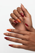 A clean product close-up of the Autumn Spice Set by Bloom Gloss Co, showcasing fifteen glossy almond fake nails arranged in rows of vibrant pumpkin orange, warm caramel nude, and rich brick red.