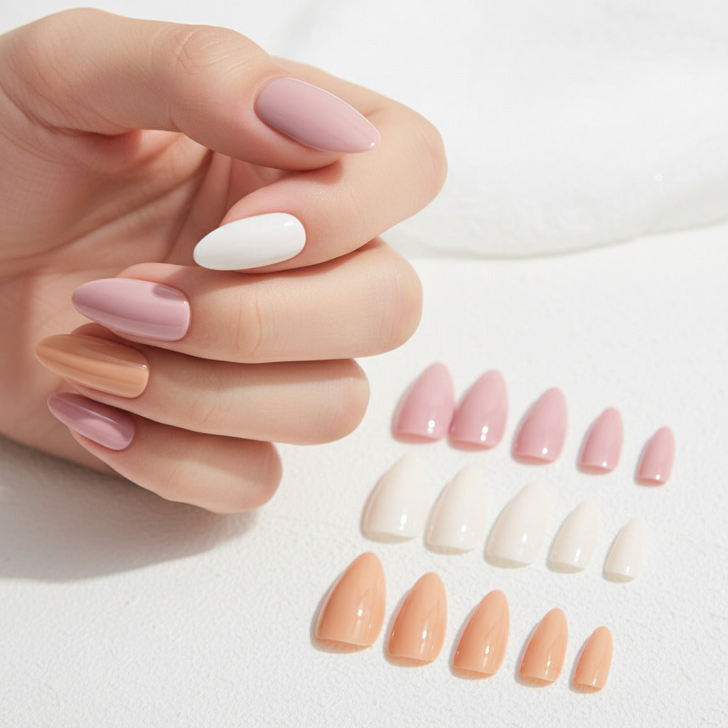 A clean product close-up of the Essentials Press-On Kit Milky White, Peach Nude, and Soft Pink Bundle by Bloom Gloss Co, showcasing fifteen glossy almond fake nails arranged in rows of blush pink, milky white, and peach nude.