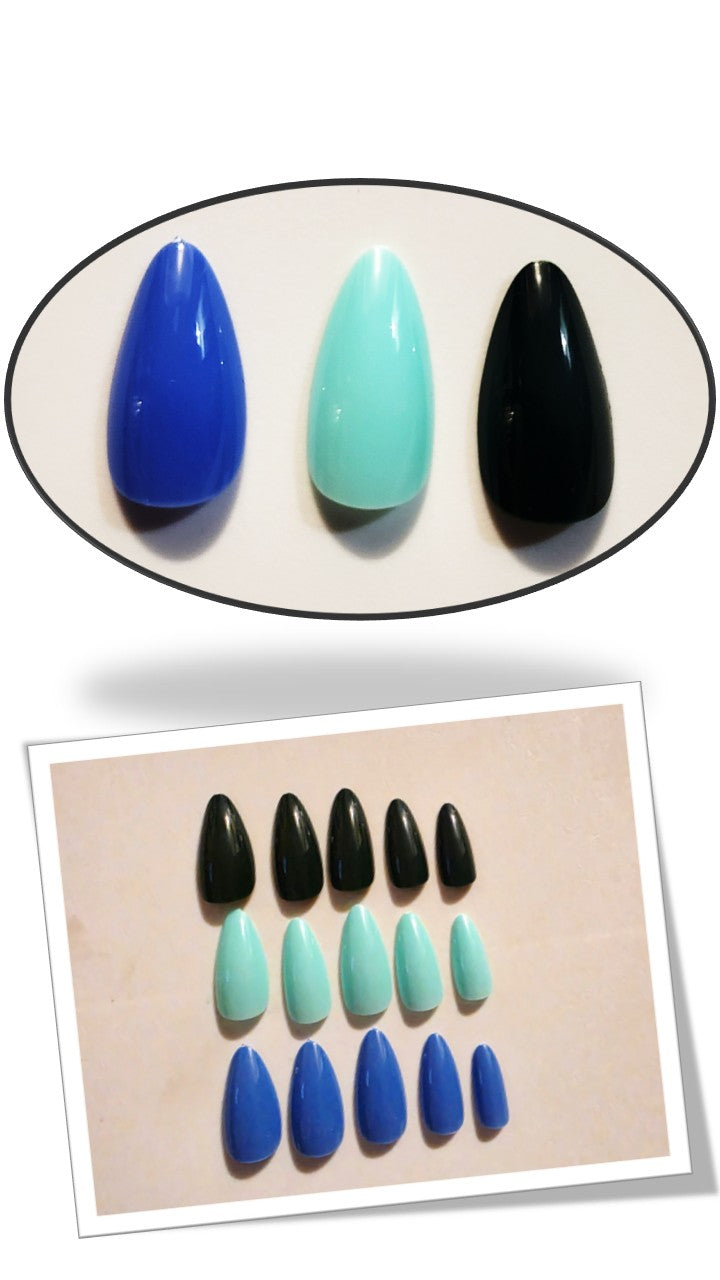 The Essentials Press-On Kit New Moon and Mint Sky Bundle by Bloom Gloss Co: a multi-color 72-count set of glossy almond fake nails displayed in a framed and circled design against a cream background.