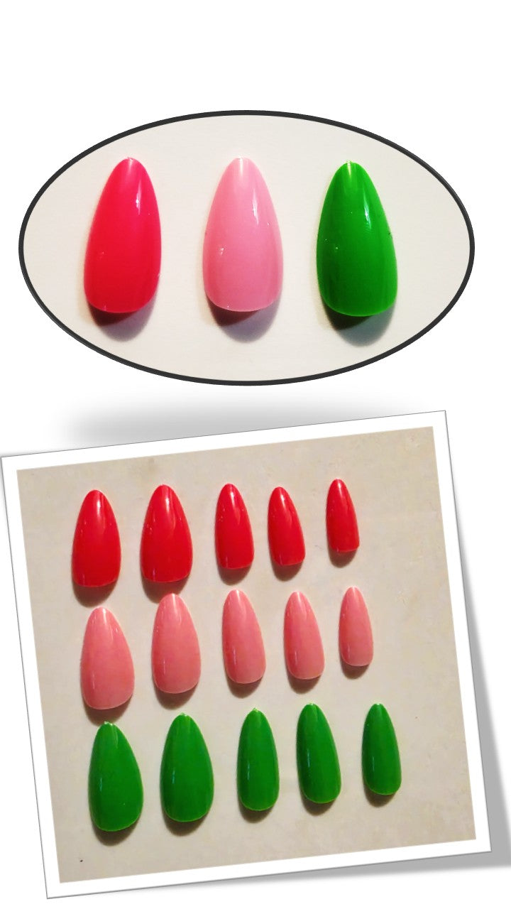 The Essentials Press-On Kit Pretty Pop Magenta, Bubblegum, and Clover Green Bundle by Bloom Gloss Co: a multi-color 72-count set of glossy almond fake nails displayed in a framed and circled design against a cream background