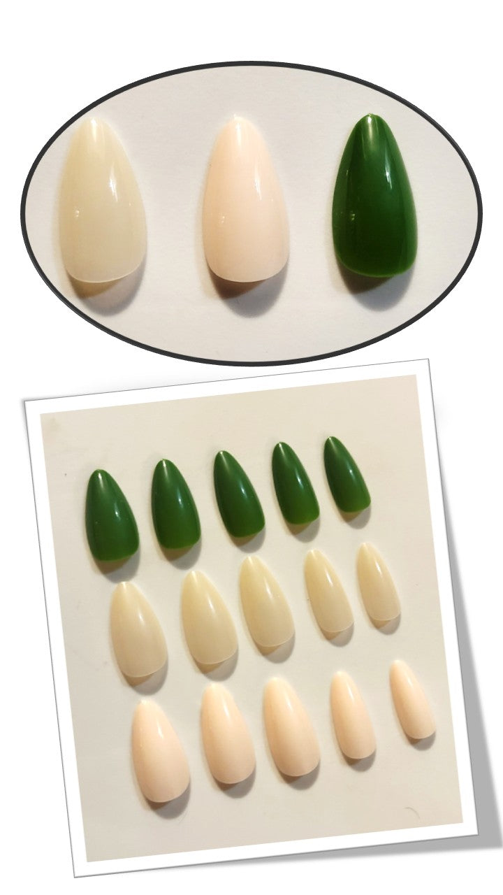 The Essentials Press-On Kit Ivy Jade, Cream, and Soft Pearl Bundle by Bloom Gloss Co: a multi-color 72-count set of glossy almond fake nails displayed in an artistic framed and circled layout against a cream background.