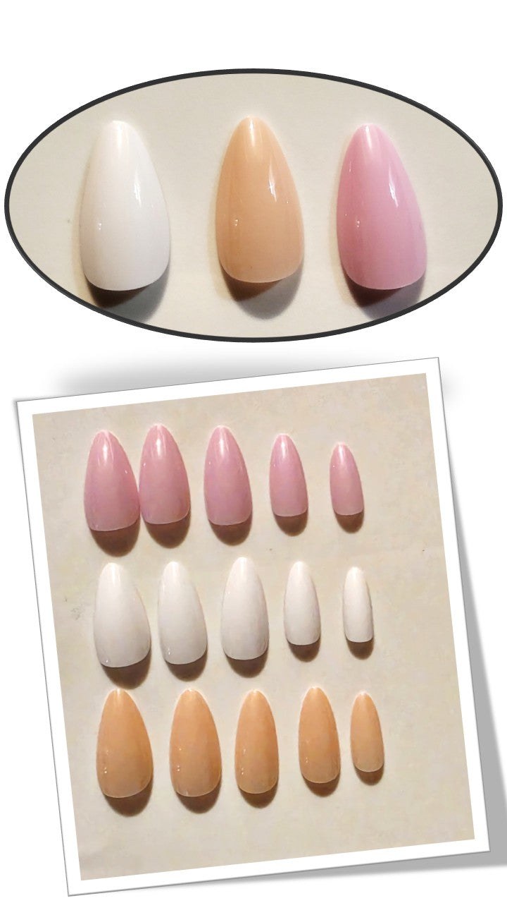 The Essentials Press-On Kit Milky White, Peach Nude, and Soft Pink Bundle by Bloom Gloss Co: a 72-count set of glossy almond fake nails layout showcasing white, peach, and blush pink colors.