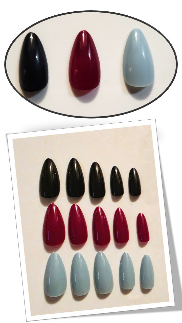 The Essentials Press-On Kit Midnight Black, Wine Berry, and Muted Slate Bundle by Bloom Gloss Co: a 72-count set of matte almond fake nails layout showcasing black, crimson red, and slate gray colors.
