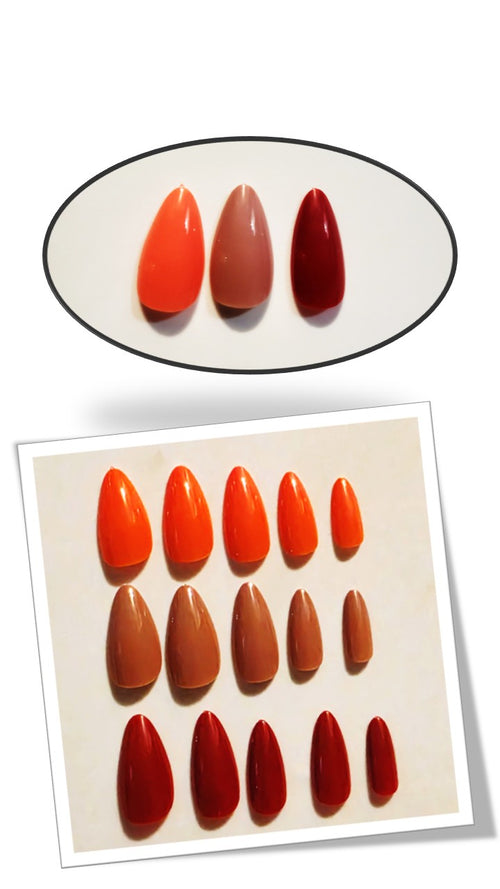 Shop the Autumn Spice Press-On Kit at Bloom Gloss Co. This 72-count almond nail set features a warm earthy high-gloss finish for cozy daily DIY manicures.